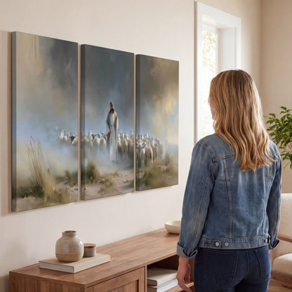 Good Shepherd in the mist painting 3 piece canvas wall art in a living room