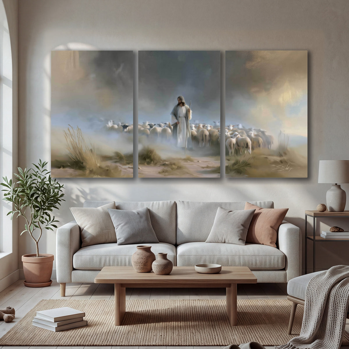 Good Shepherd in the mist painting 3 piece canvas wall art in a bright living room