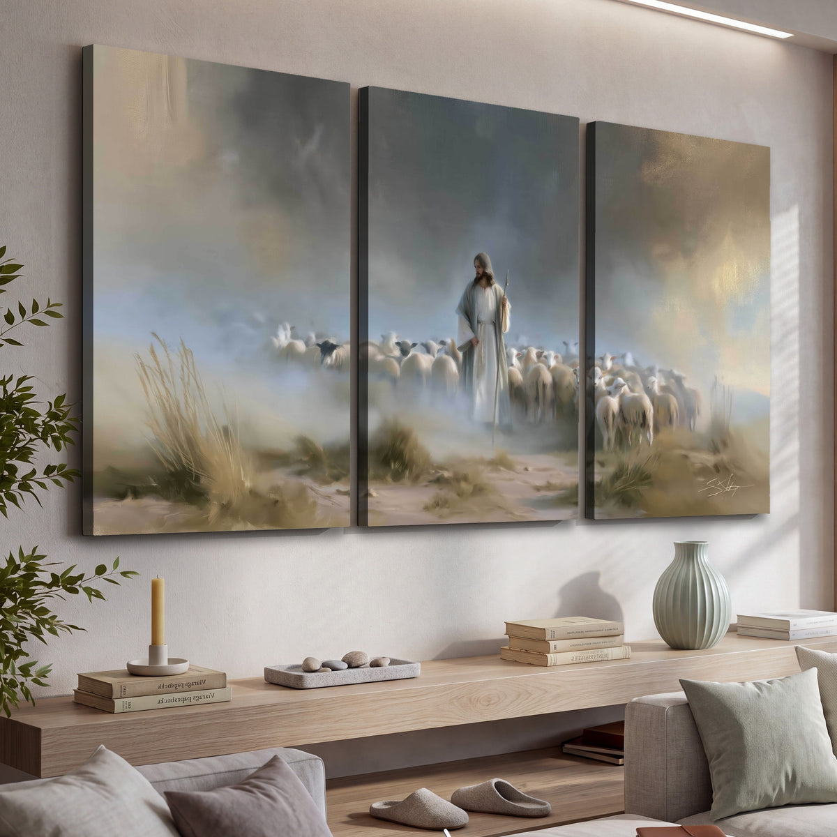 Good Shepherd in the mist painting 3 piece canvas wall art in a living room above a console