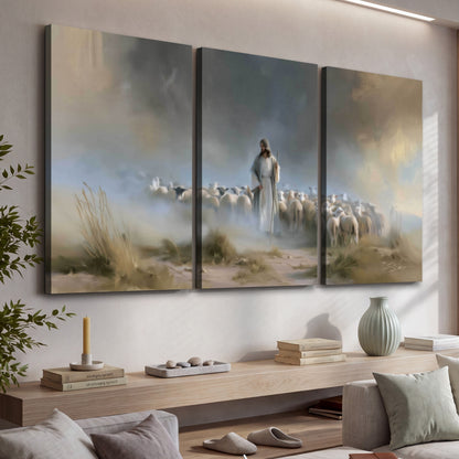 Good Shepherd in the mist painting 3 piece canvas wall art in a living room above a console