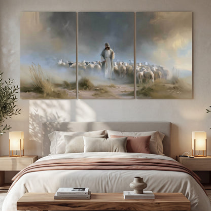 Good Shepherd in the mist painting 3 piece canvas wall art in a bedroom above the bed