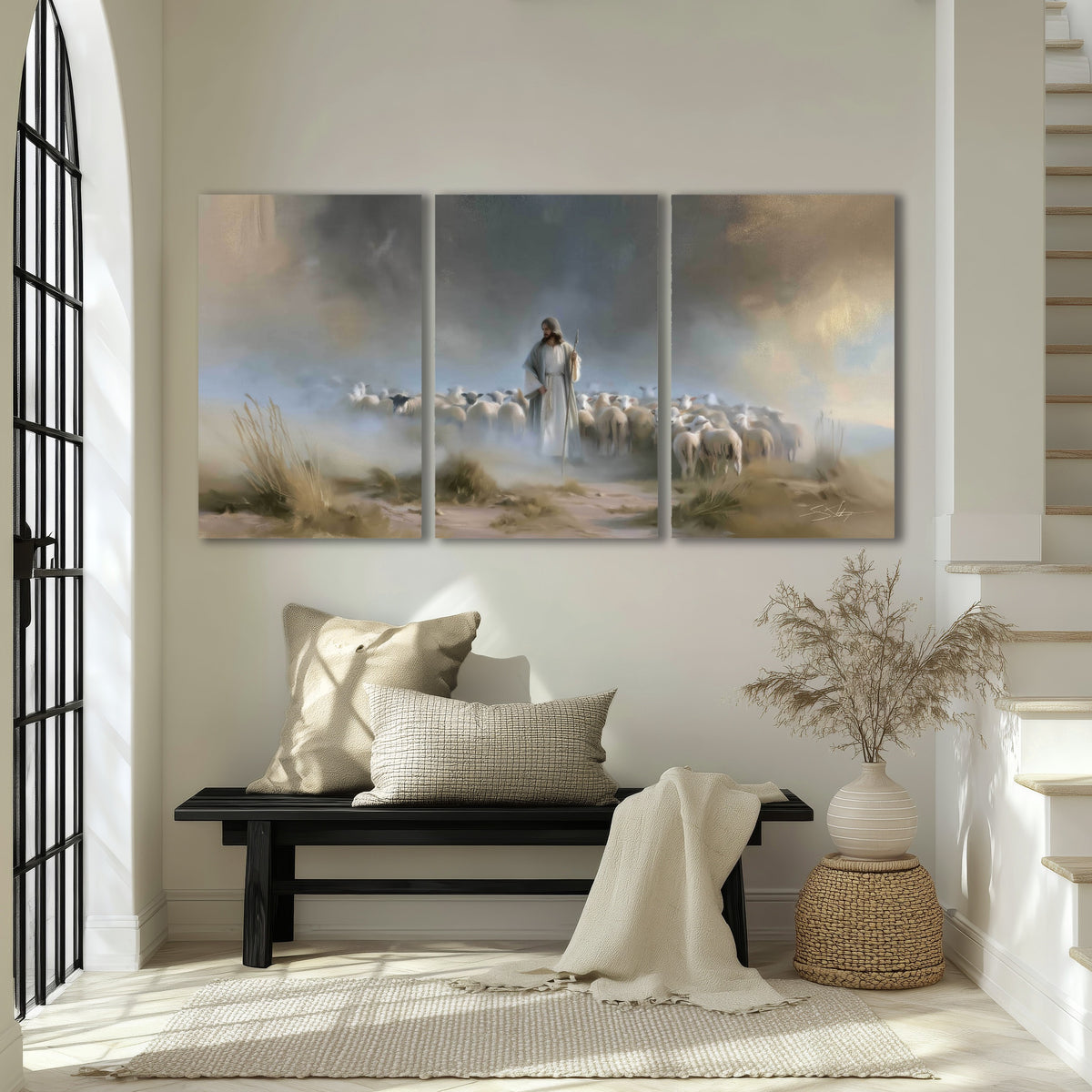 Good Shepherd in the mist painting 3 piece canvas wall art in an entryway above a bench