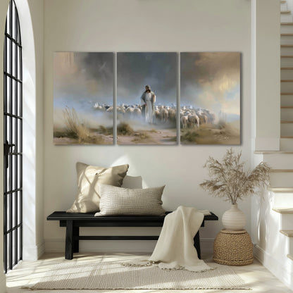 Good Shepherd in the mist painting 3 piece canvas wall art in an entryway above a bench