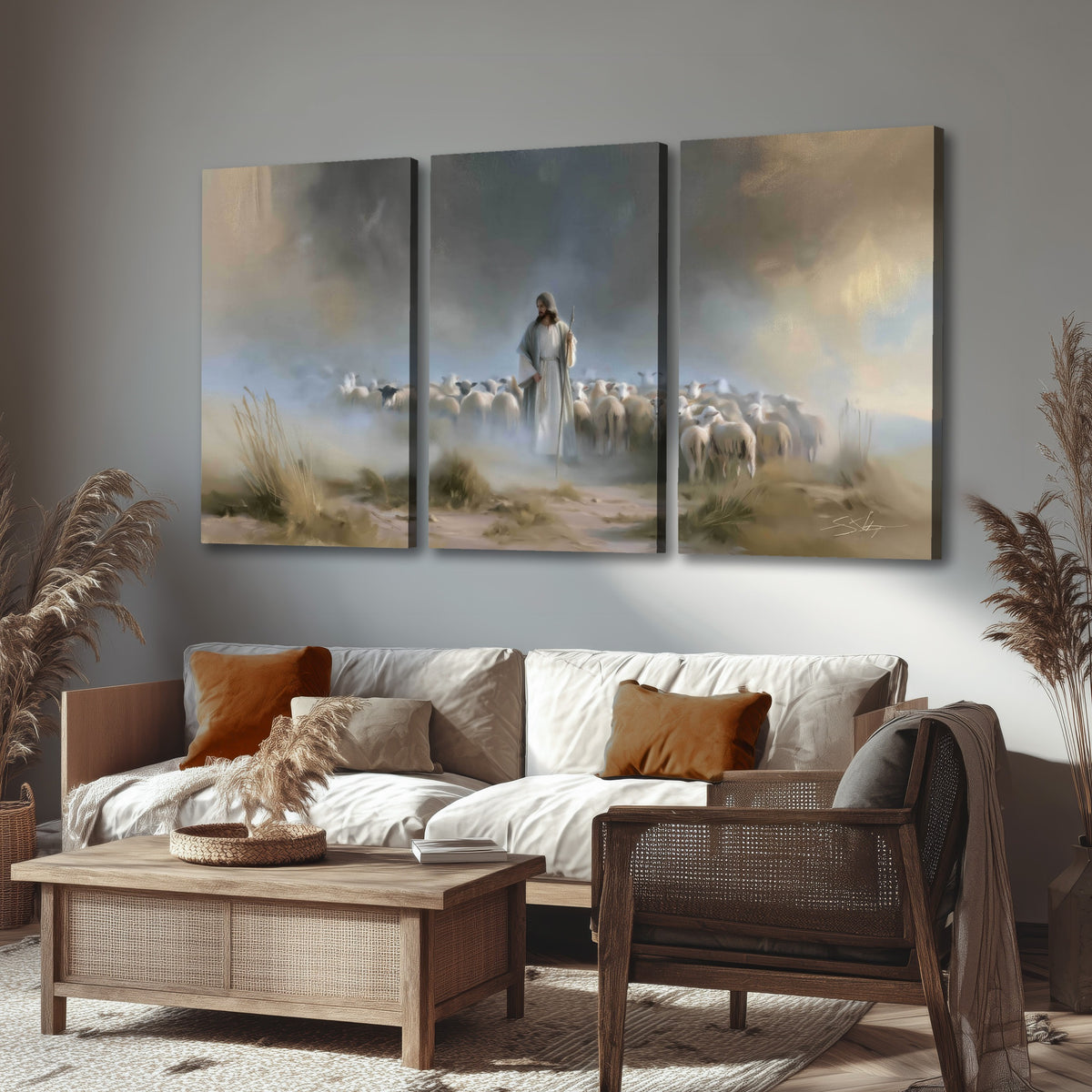 Good Shepherd in the mist painting 3 piece canvas wall art in a rustic living room