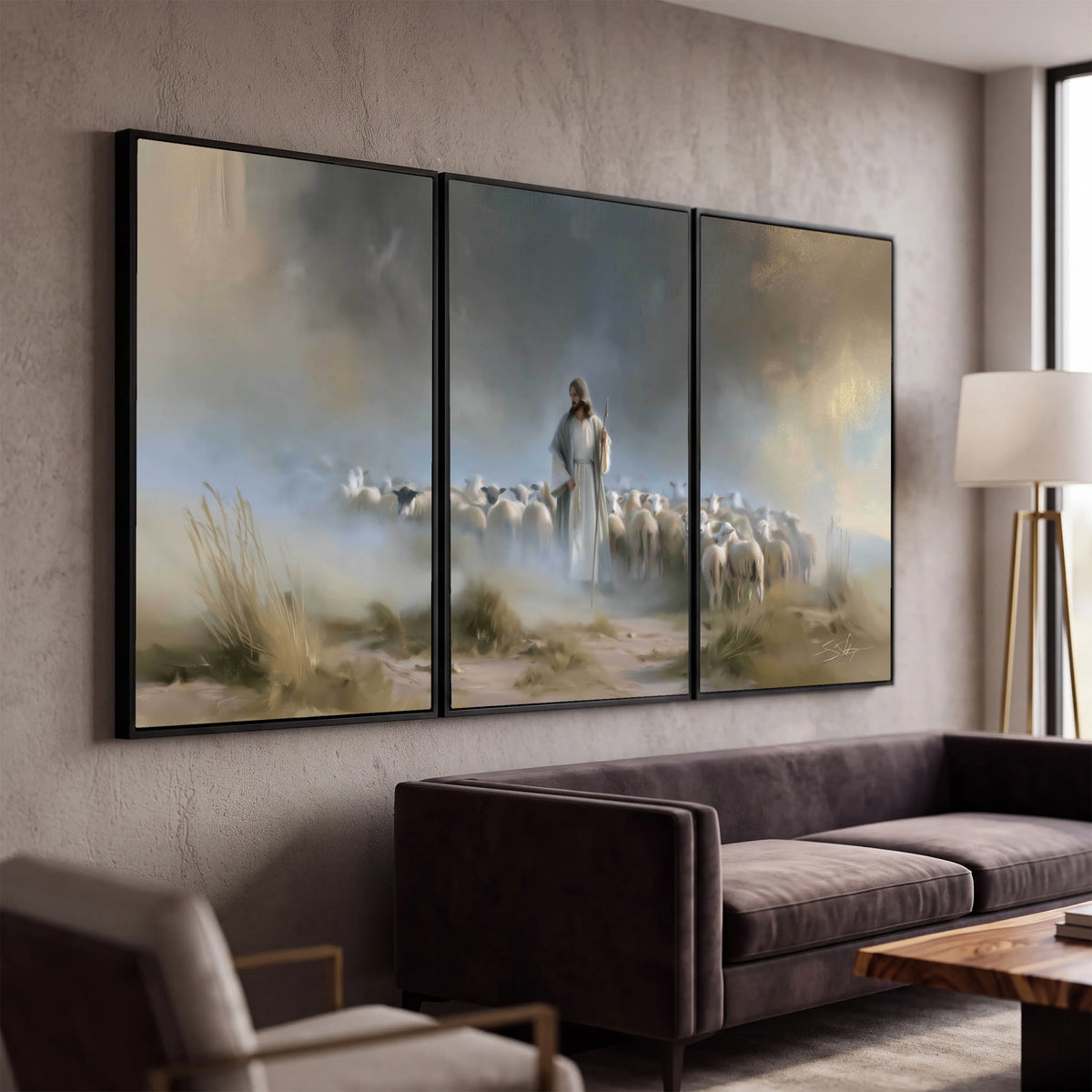 Good Shepherd in the mist painting 3 piece canvas wall art in a modern living room