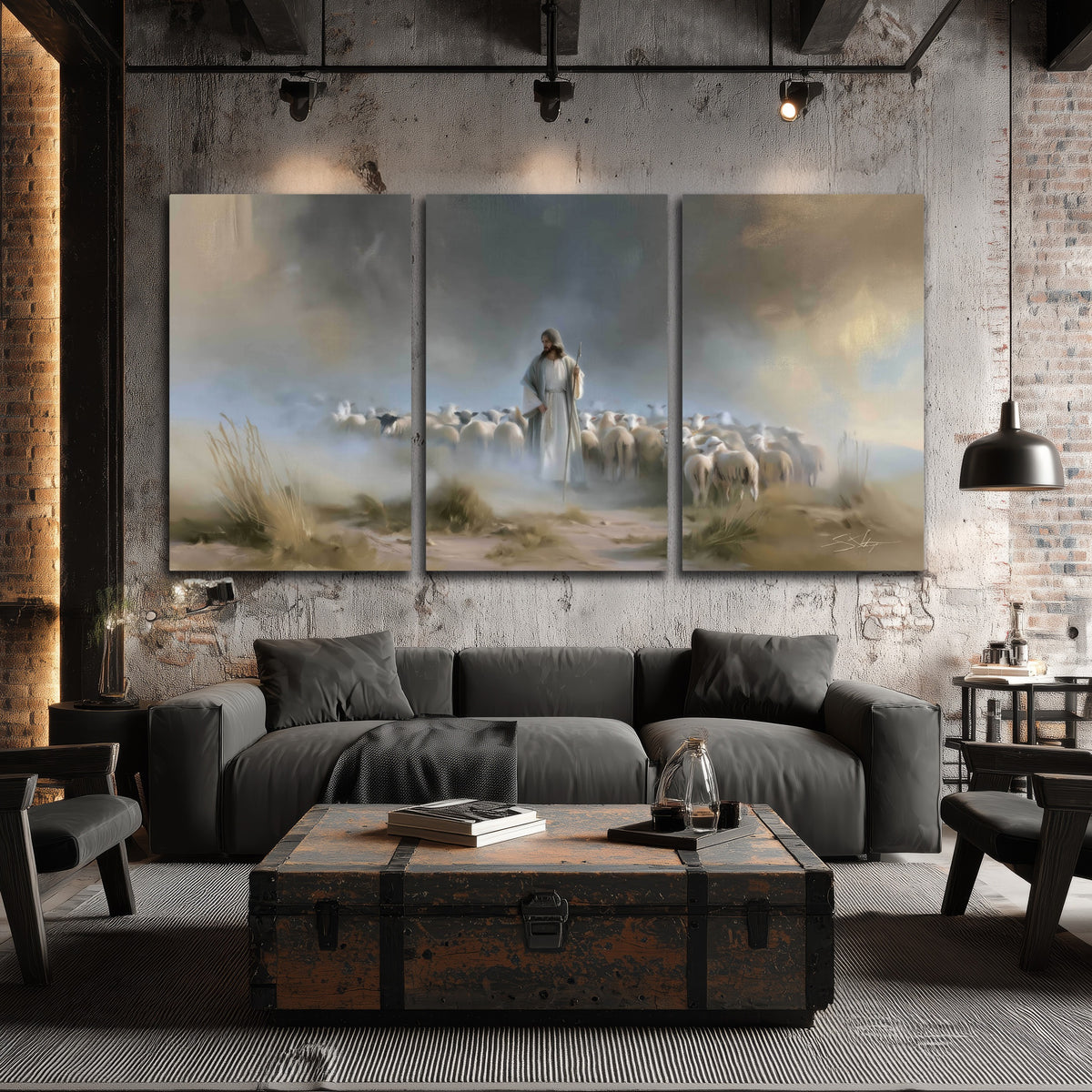 Good Shepherd in the mist painting 3 piece canvas wall art in an industrial loft