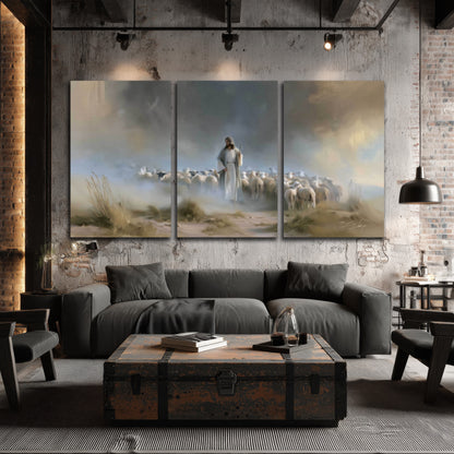 Good Shepherd in the mist painting 3 piece canvas wall art in an industrial loft