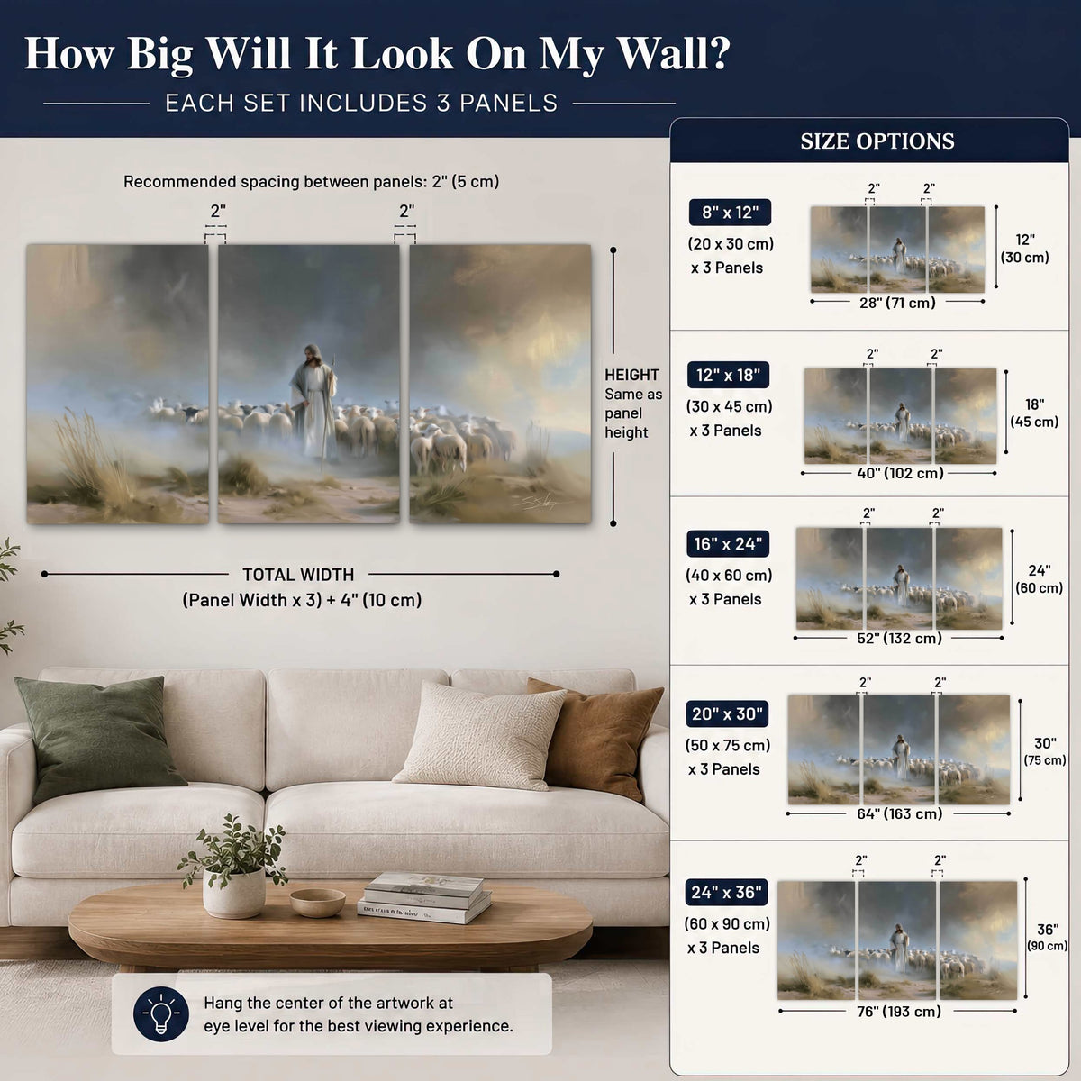 Good Shepherd in the mist painting 3 piece canvas wall art size guide above a sofa