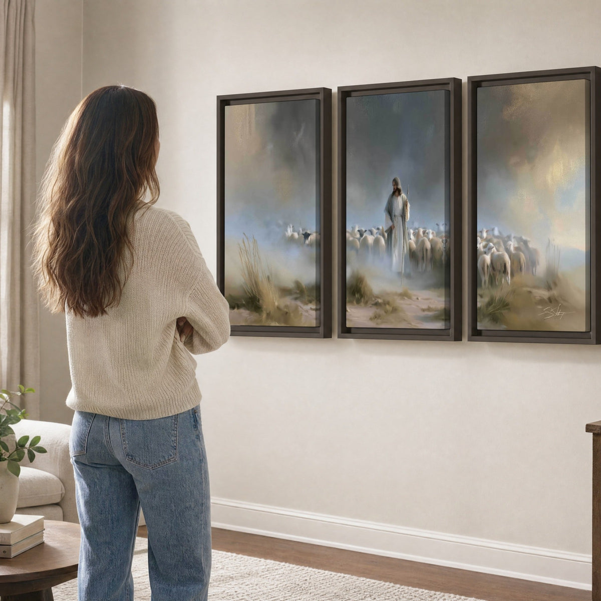 Good Shepherd in the mist painting 3 piece framed canvas in a living room