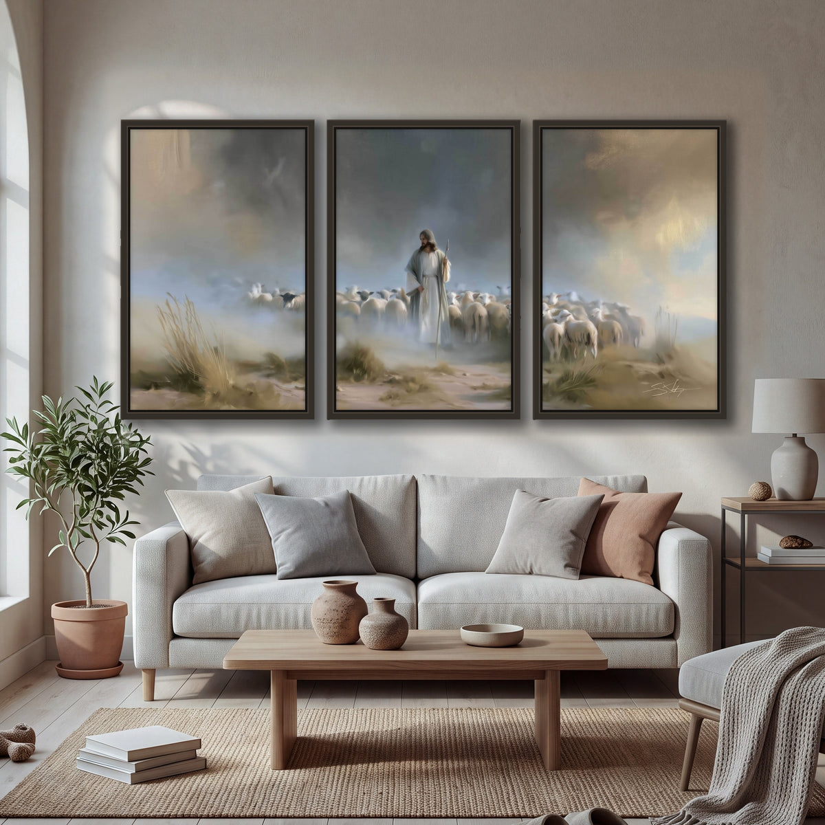 Good Shepherd in the mist painting 3 piece framed canvas in a bright living room