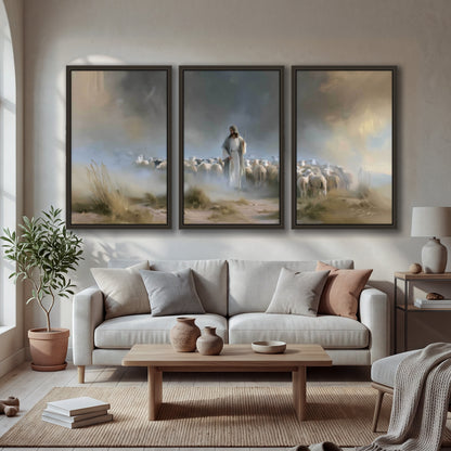 Good Shepherd in the mist painting 3 piece framed canvas in a bright living room