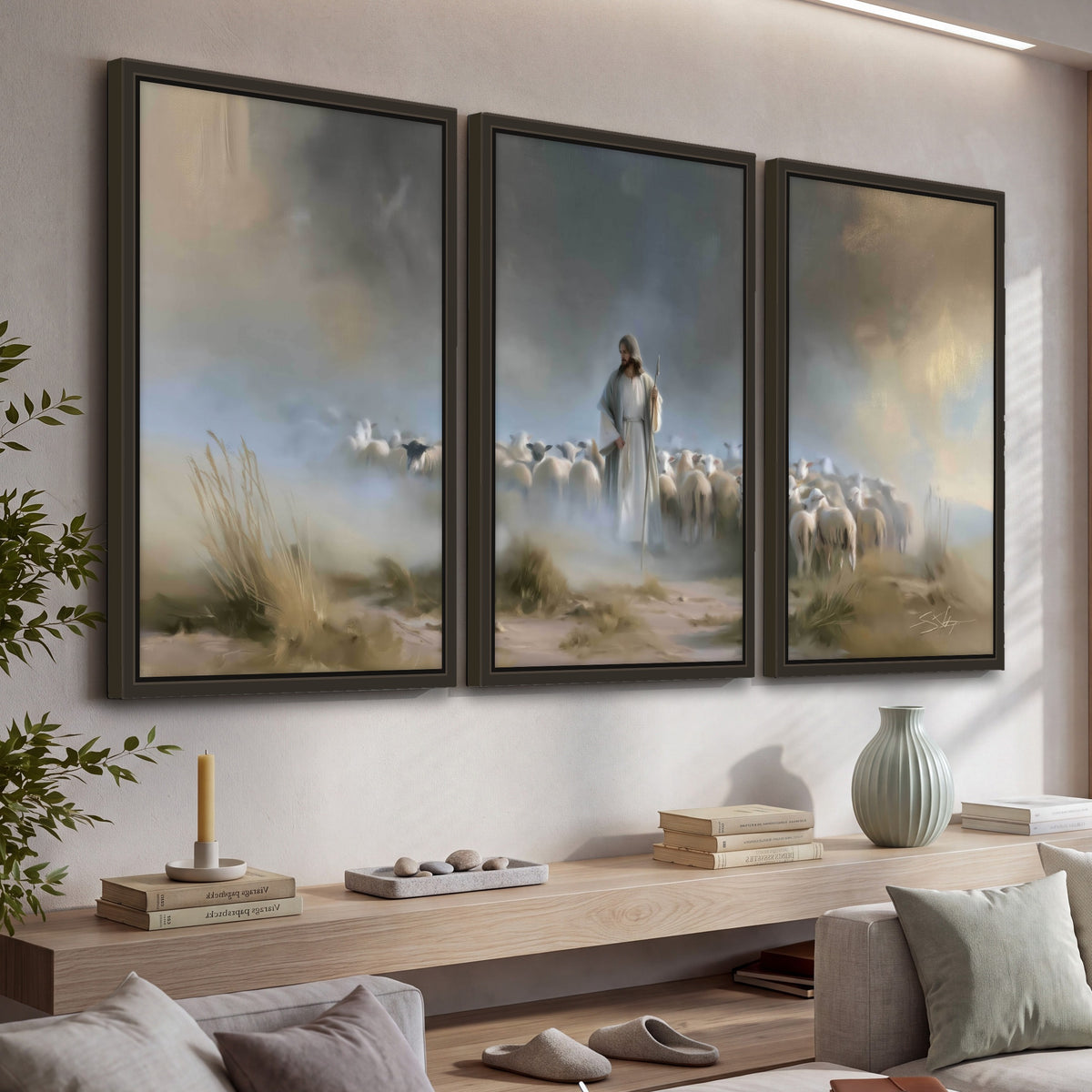 Good Shepherd in the mist painting 3 piece framed canvas in a living room above a console