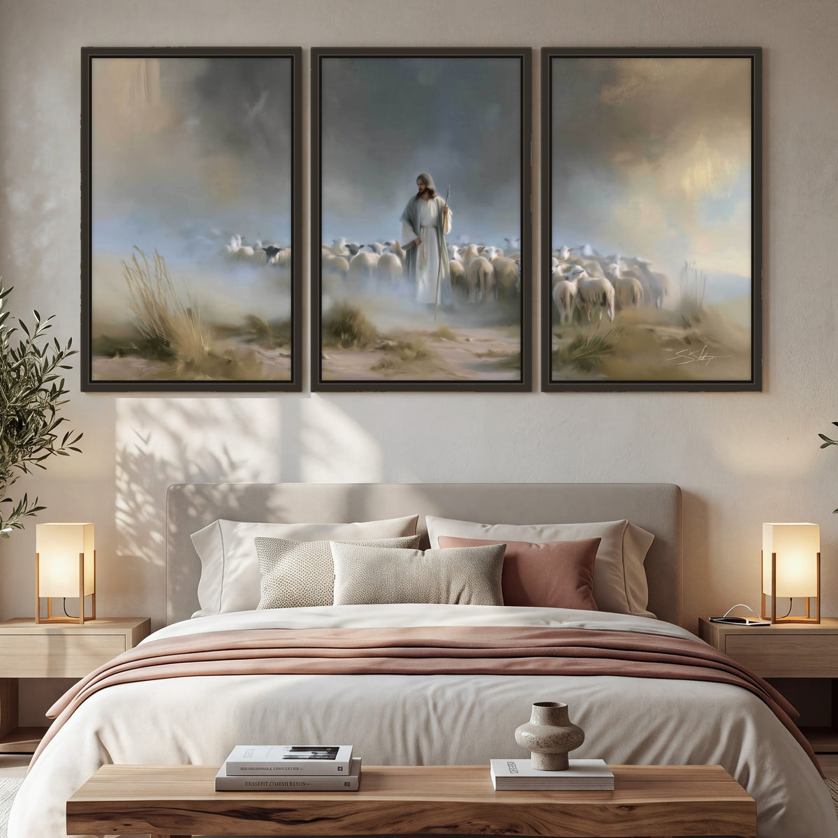 Good Shepherd in the mist painting 3 piece framed canvas in a bedroom above the bed