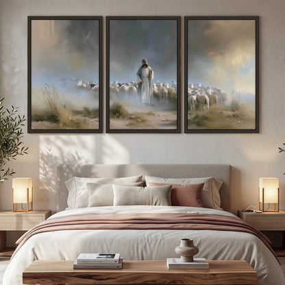 Good Shepherd in the mist painting 3 piece framed canvas in a bedroom above the bed