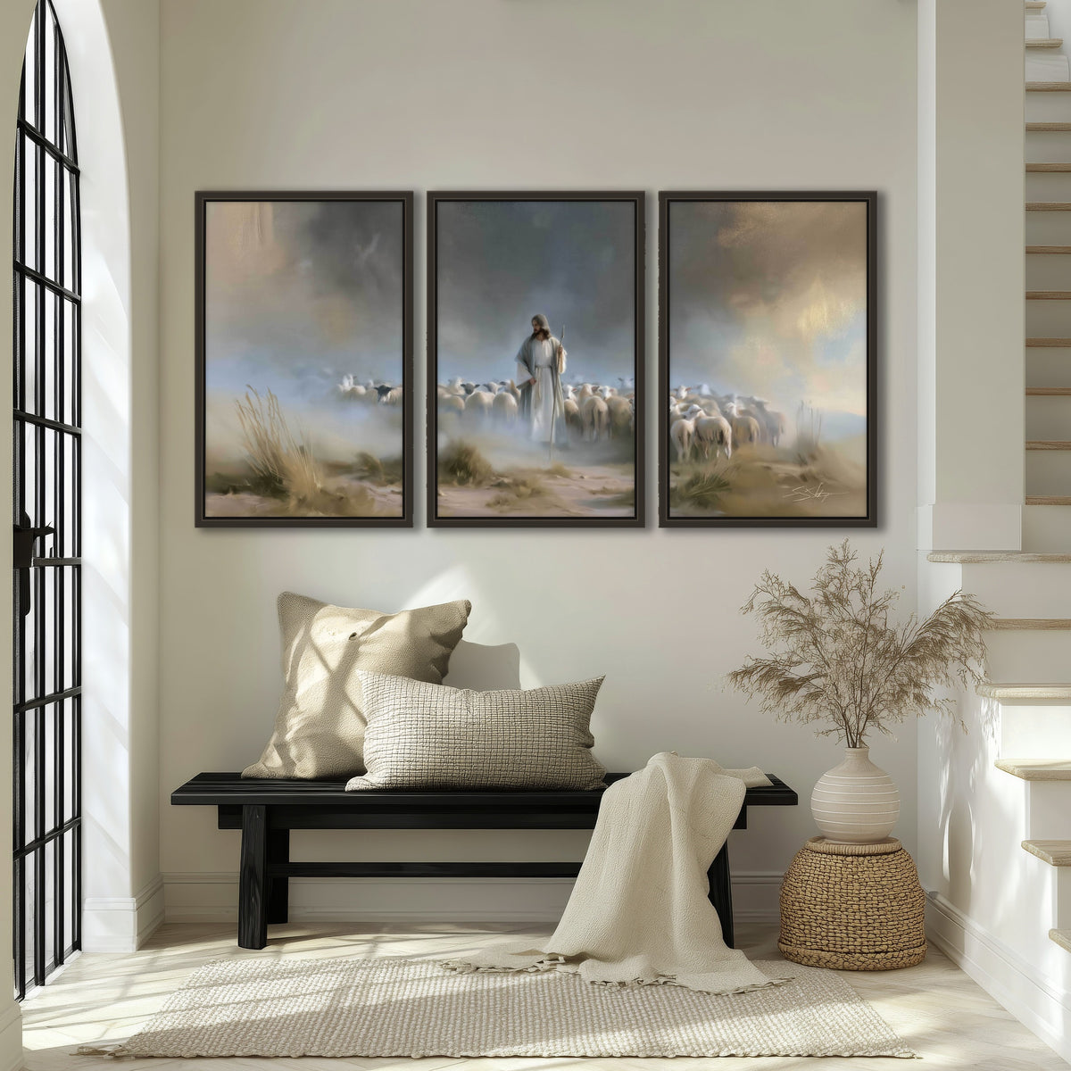 Good Shepherd in the mist painting 3 piece framed canvas in an entryway above a bench