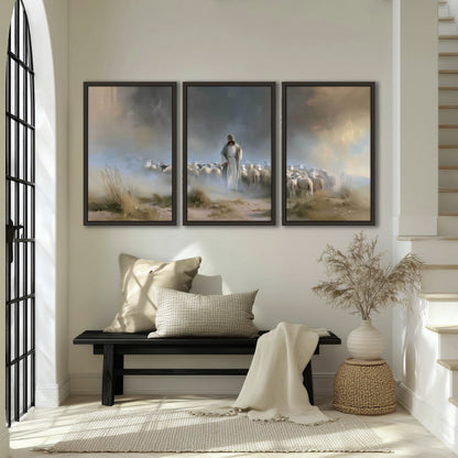 Good Shepherd in the mist painting 3 piece framed canvas in an entryway above a bench