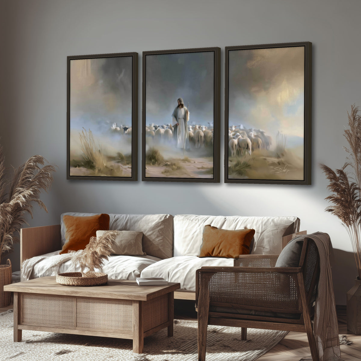Good Shepherd in the mist painting 3 piece framed canvas in a rustic living room