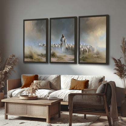 Good Shepherd in the mist painting 3 piece framed canvas in a rustic living room