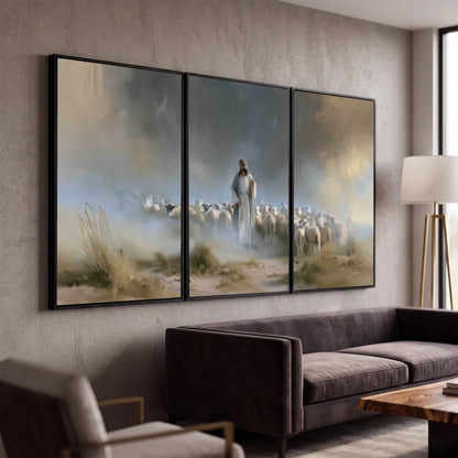 Good Shepherd in the mist painting 3 piece framed canvas in a modern living room