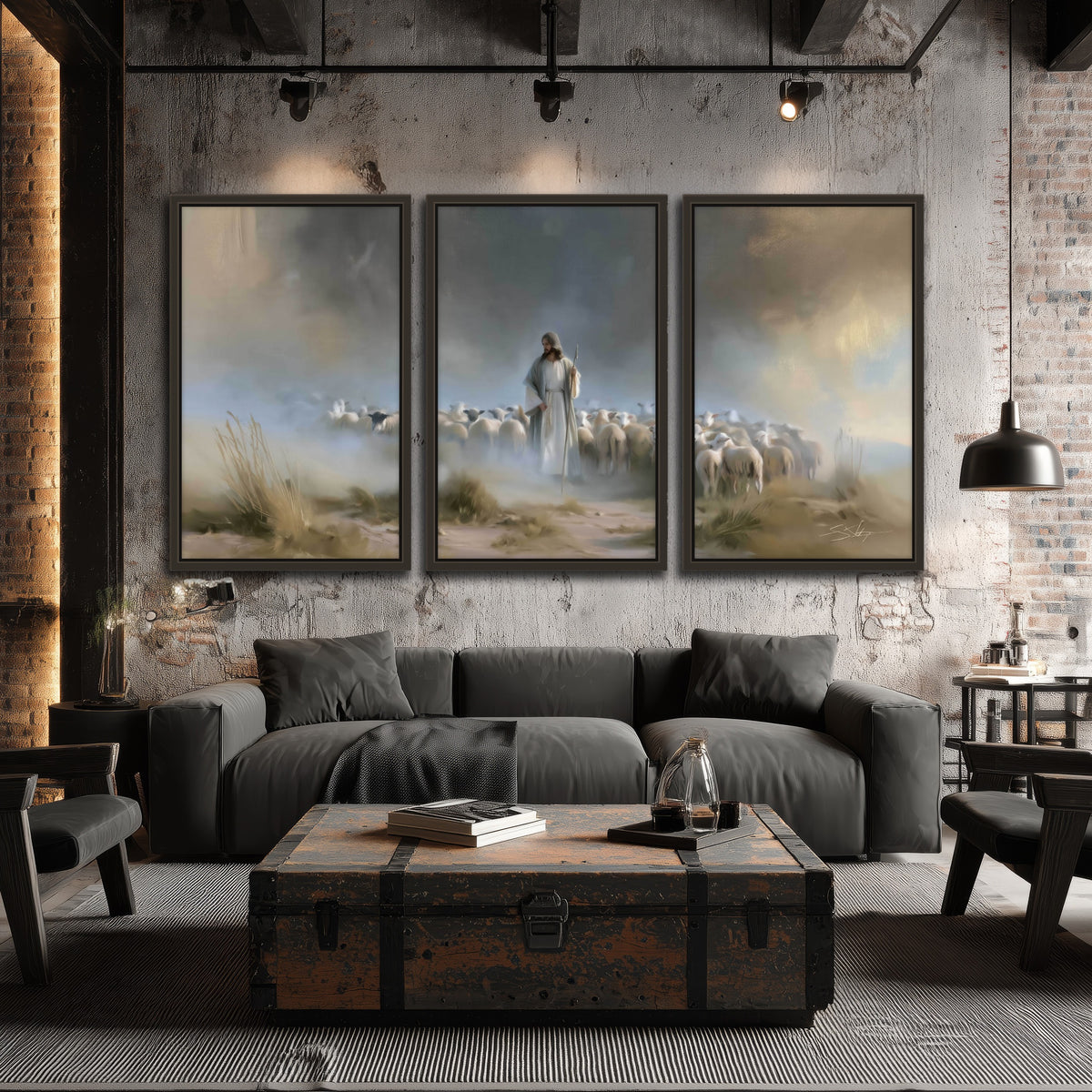 Good Shepherd in the mist painting 3 piece framed canvas in an industrial loft