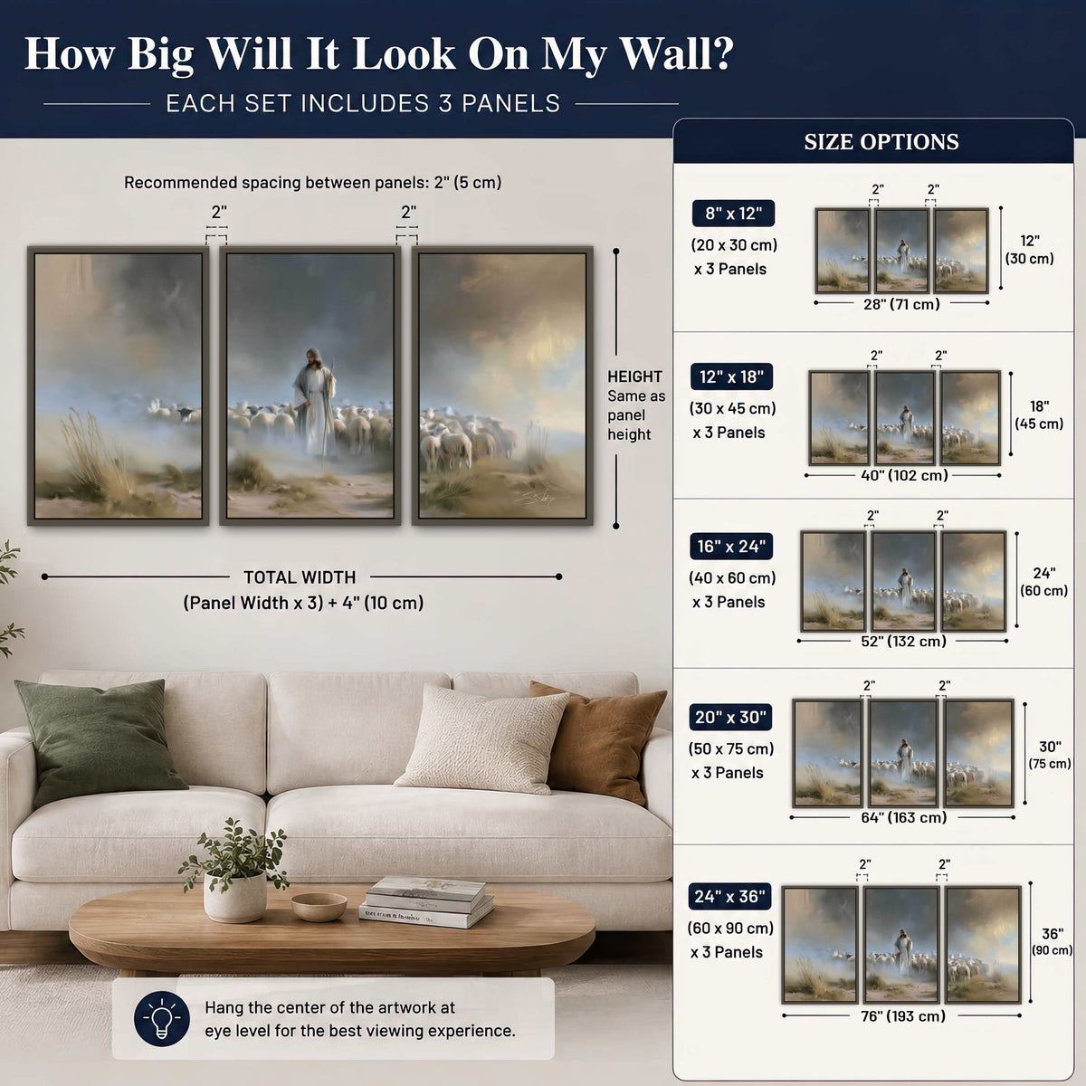 Good Shepherd in the mist painting 3 piece framed canvas size guide above a sofa