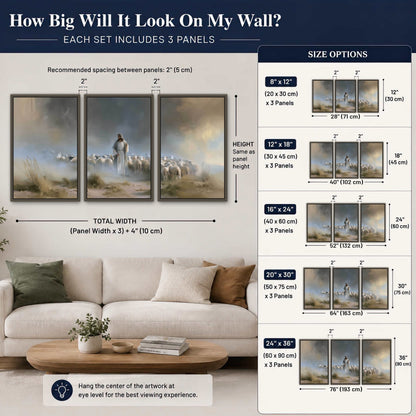 Good Shepherd in the mist painting 3 piece framed canvas size guide above a sofa