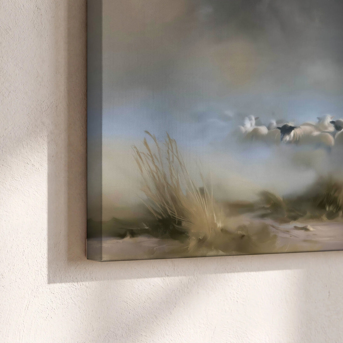 Good Shepherd in the mist painting canvas print close-up showing the gallery-wrapped edge