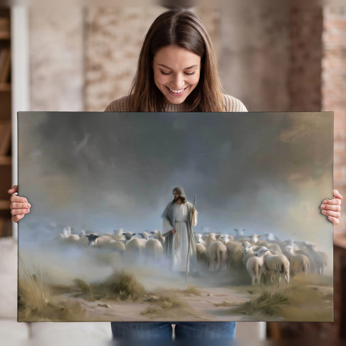 Good Shepherd in the mist painting canvas wall art held in hands