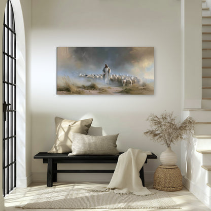 Good Shepherd in the mist painting canvas wall art in an entryway above a bench