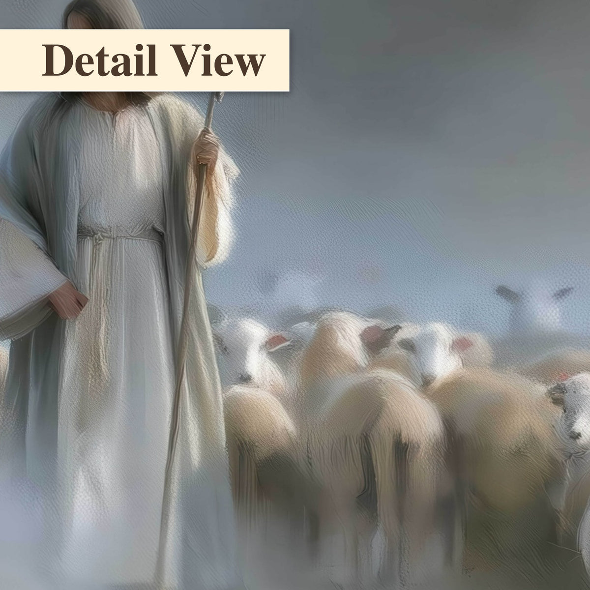 Good Shepherd in the mist painting detail close-up
