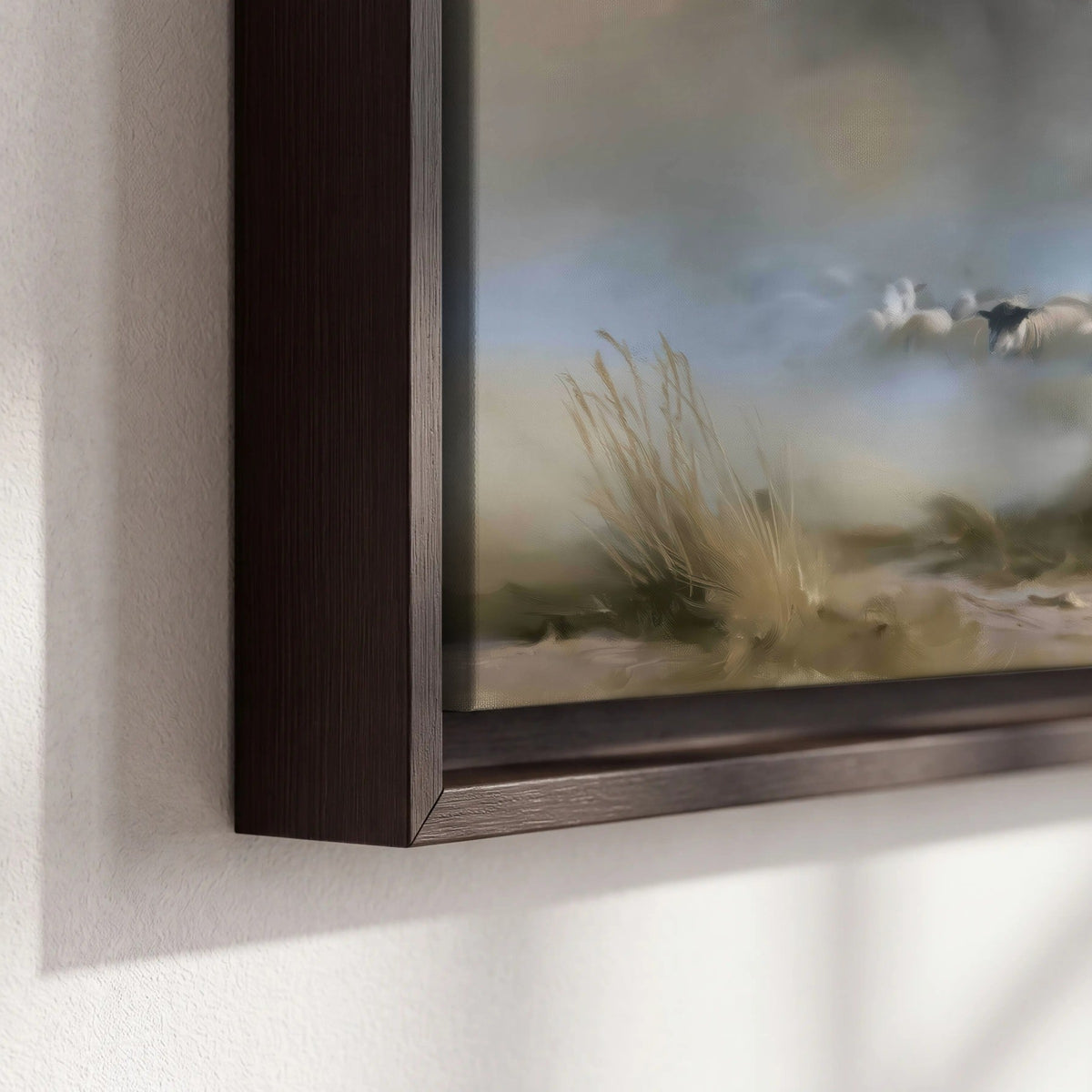Good Shepherd in the mist painting framed canvas close-up showing the floating frame