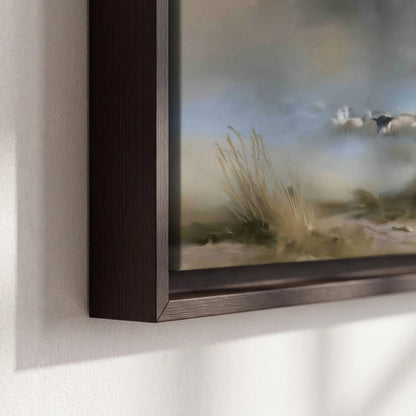 Good Shepherd in the mist painting framed canvas close-up showing the floating frame