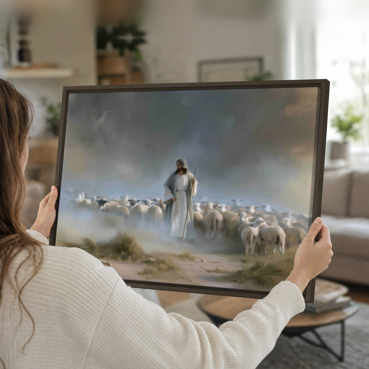 Good Shepherd in the mist painting framed canvas held in hands