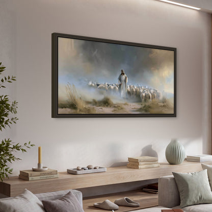 Good Shepherd in the mist painting framed canvas wall art in a living room above a console