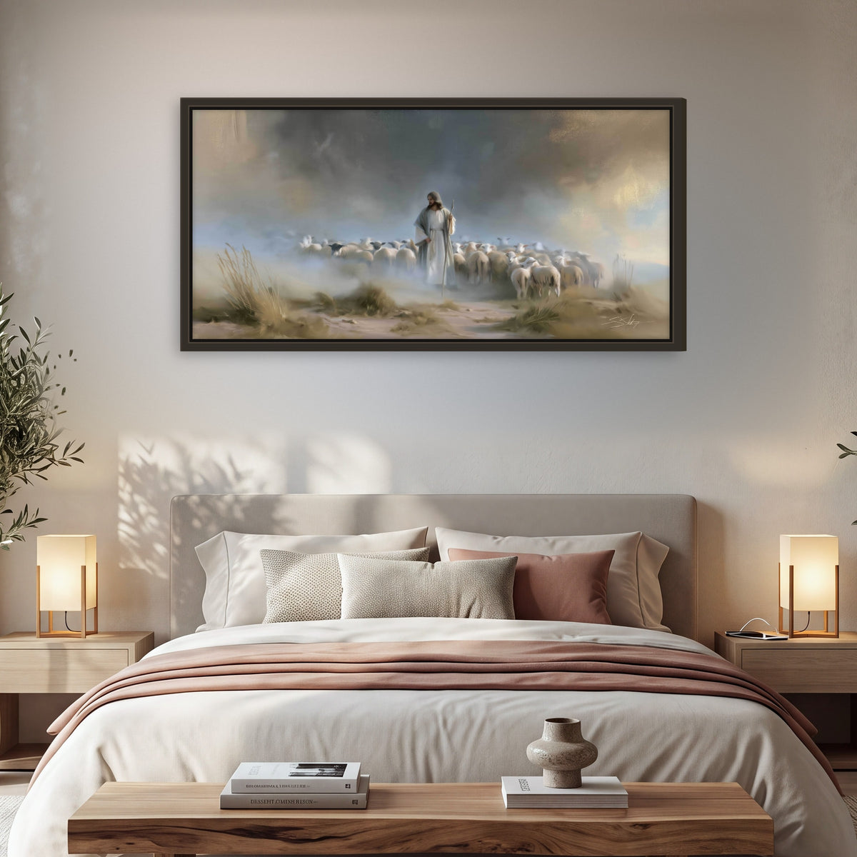 Good Shepherd in the mist painting framed canvas wall art in a bedroom above the bed