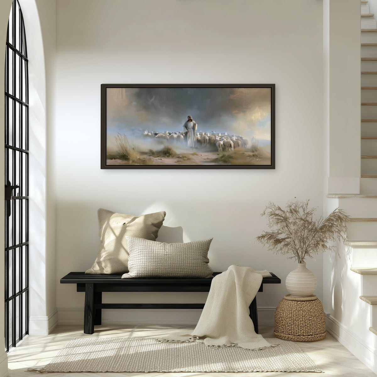 Good Shepherd in the mist painting framed canvas wall art in an entryway above a bench
