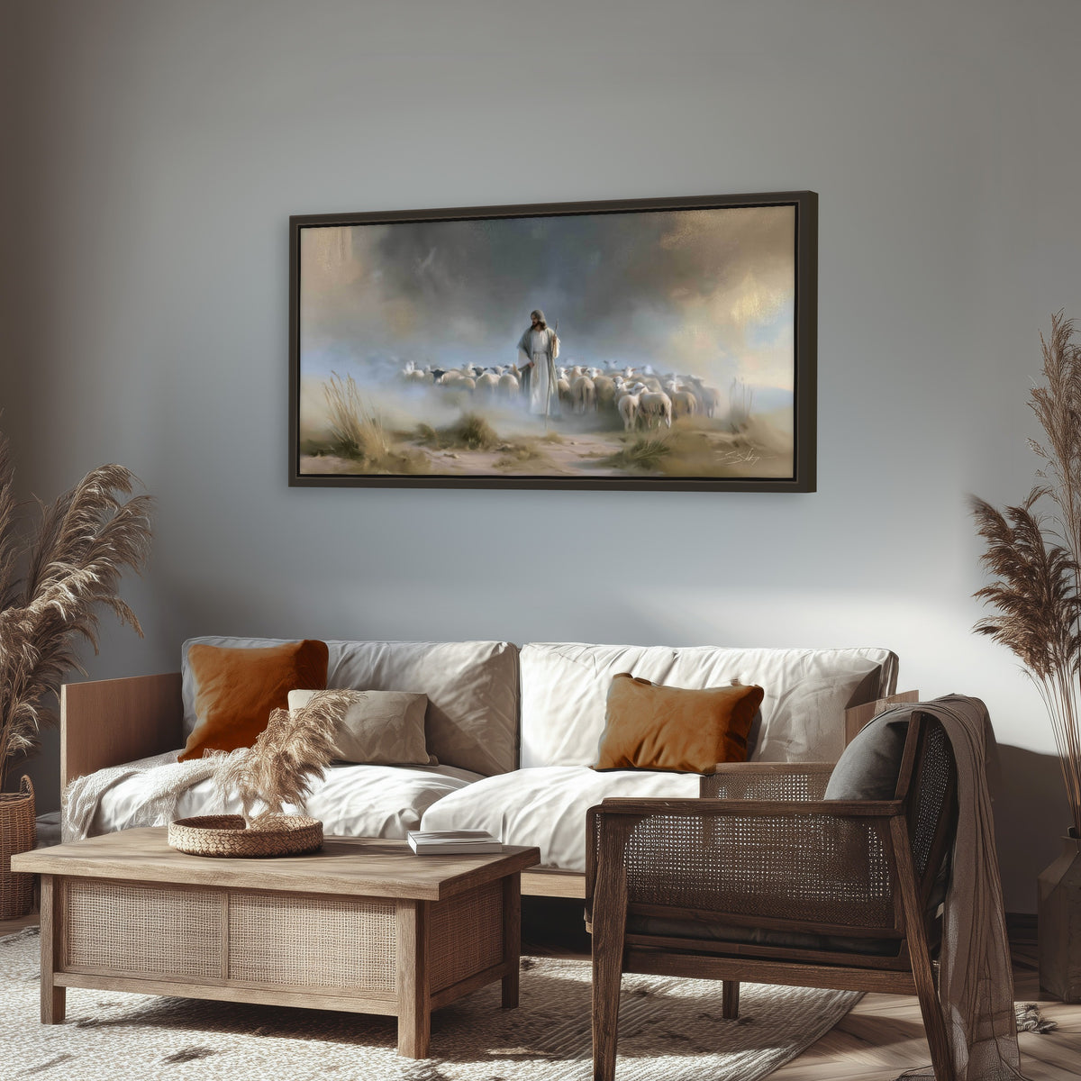Good Shepherd in the mist painting framed canvas wall art in a rustic living room