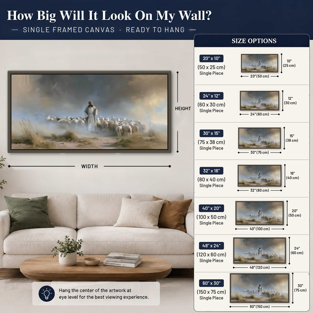 Good Shepherd in the mist painting framed canvas wall art size guide above a sofa