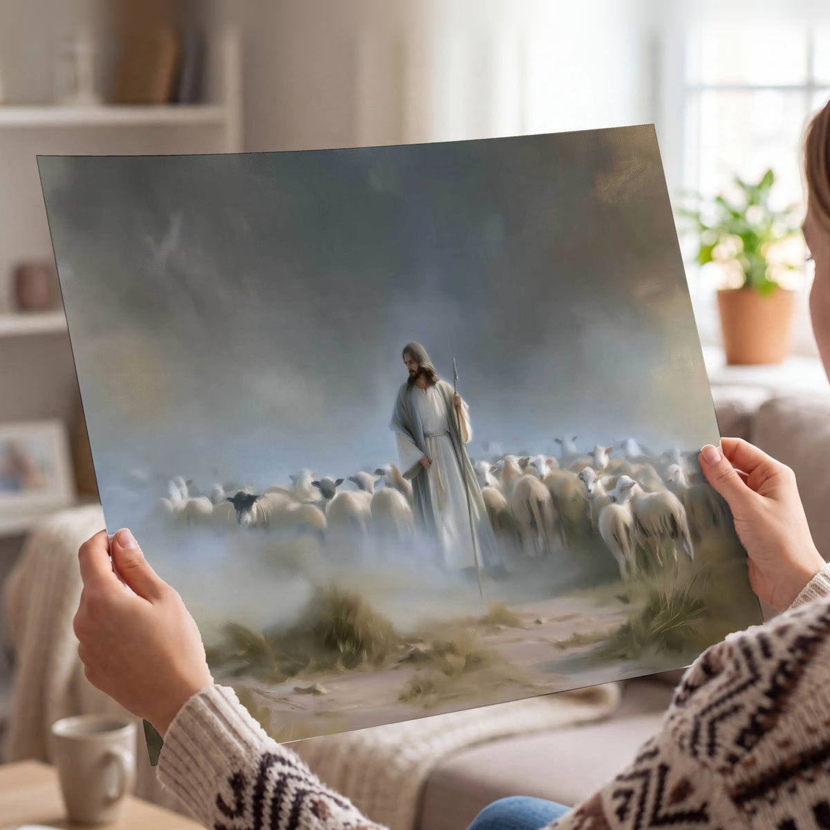 Good Shepherd in the mist painting poster print held in hands