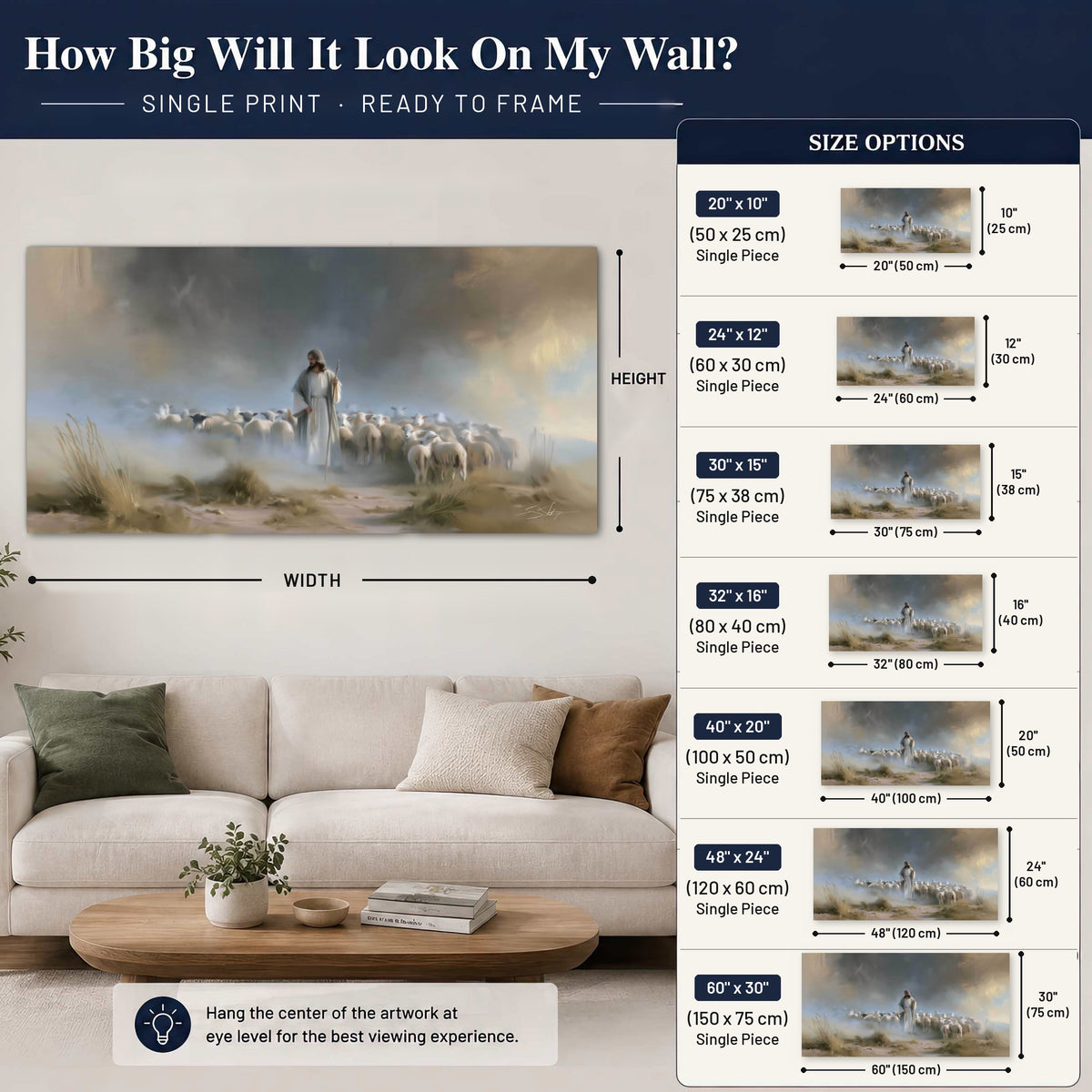 Good Shepherd in the mist painting poster print size guide above a sofa