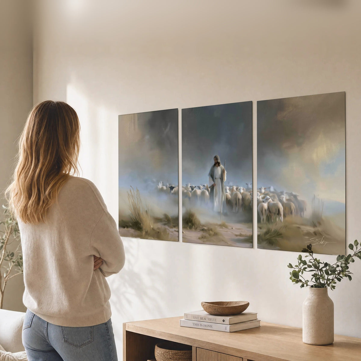 Good Shepherd in the mist painting set of 3 poster prints in a living room