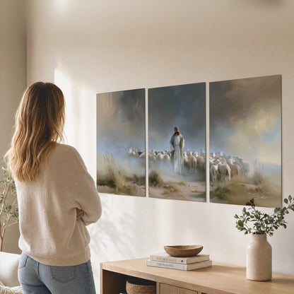 Good Shepherd in the mist painting set of 3 poster prints in a living room