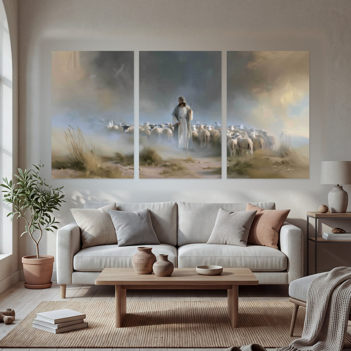 Good Shepherd in the mist painting set of 3 poster prints in a bright living room