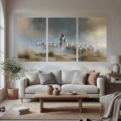 Good Shepherd in the mist painting set of 3 poster prints in a bright living room