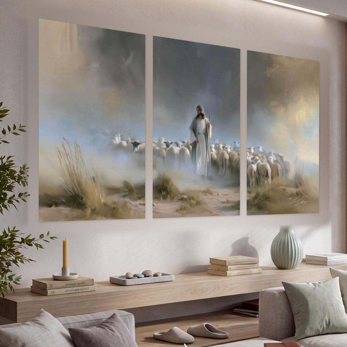Good Shepherd in the mist painting set of 3 poster prints in a living room above a console