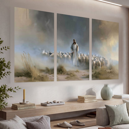 Good Shepherd in the mist painting set of 3 poster prints in a living room above a console