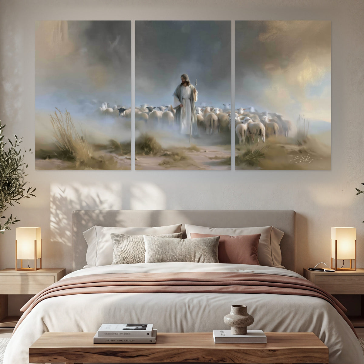 Good Shepherd in the mist painting set of 3 poster prints in a bedroom above the bed