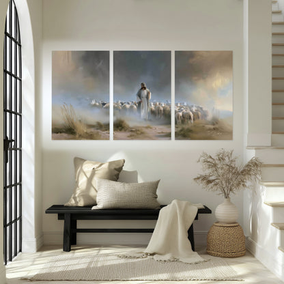 Good Shepherd in the mist painting set of 3 poster prints in an entryway above a bench