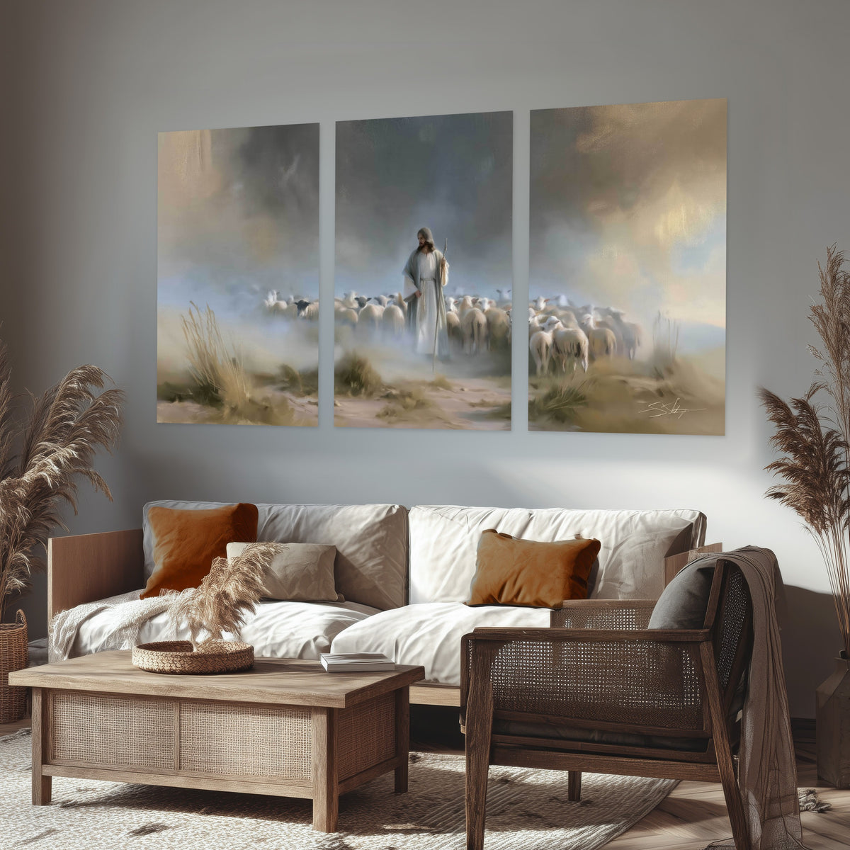 Good Shepherd in the mist painting set of 3 poster prints in a rustic living room