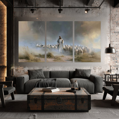 Good Shepherd in the mist painting set of 3 poster prints in an industrial loft